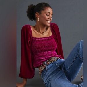 Anthropologie Crushed Velvet Smocked Balloon Long Sleeve Boho Crop Top Rose